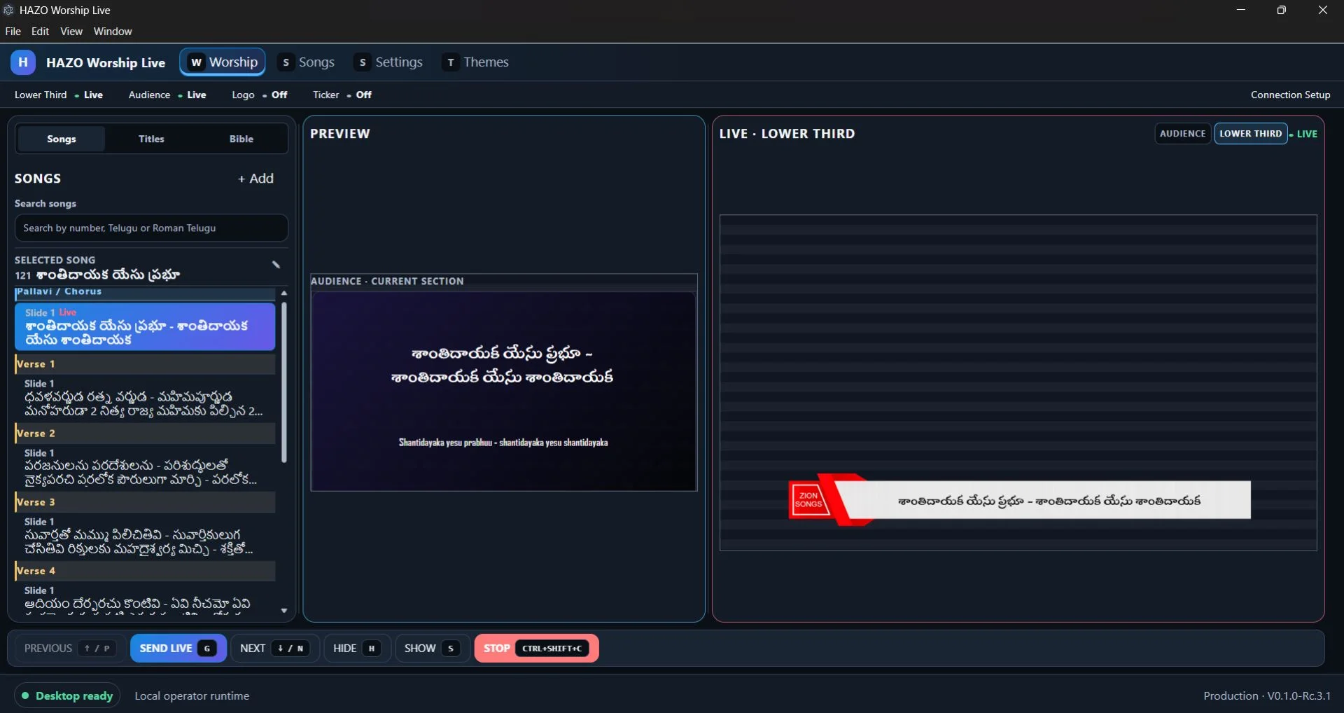 HAZO Live Presenter desktop interface showing song selection, audience preview, live lower third output and presentation controls